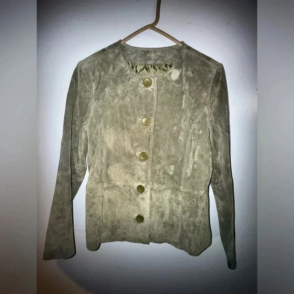 Coldwater Creek women's Leather Sage Green Suede button up Jacket‎ Petite Medium - Picture 1 of 4